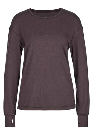 Langarm, donkerpaarse t-shirt gemaakt van jersey stof, met een ronde hals, comfortabele pasvorm en contrasterende stiksels.