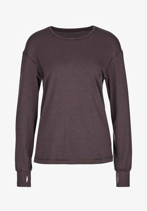Long-sleeve, dark purple t-shirt made of jersey fabric, featuring a crew neck, relaxed fit, and contrasting stitching accents.