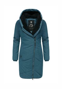 Lang vinterkåpe i blågrønn med asymmetrisk frontglidelås, hette, svart fleecefôr og sidelommer.