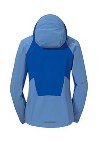 Blue and light blue waterproof jacket with a hood, featuring a smooth texture, angular design, and reflective accents on sleeves and back.