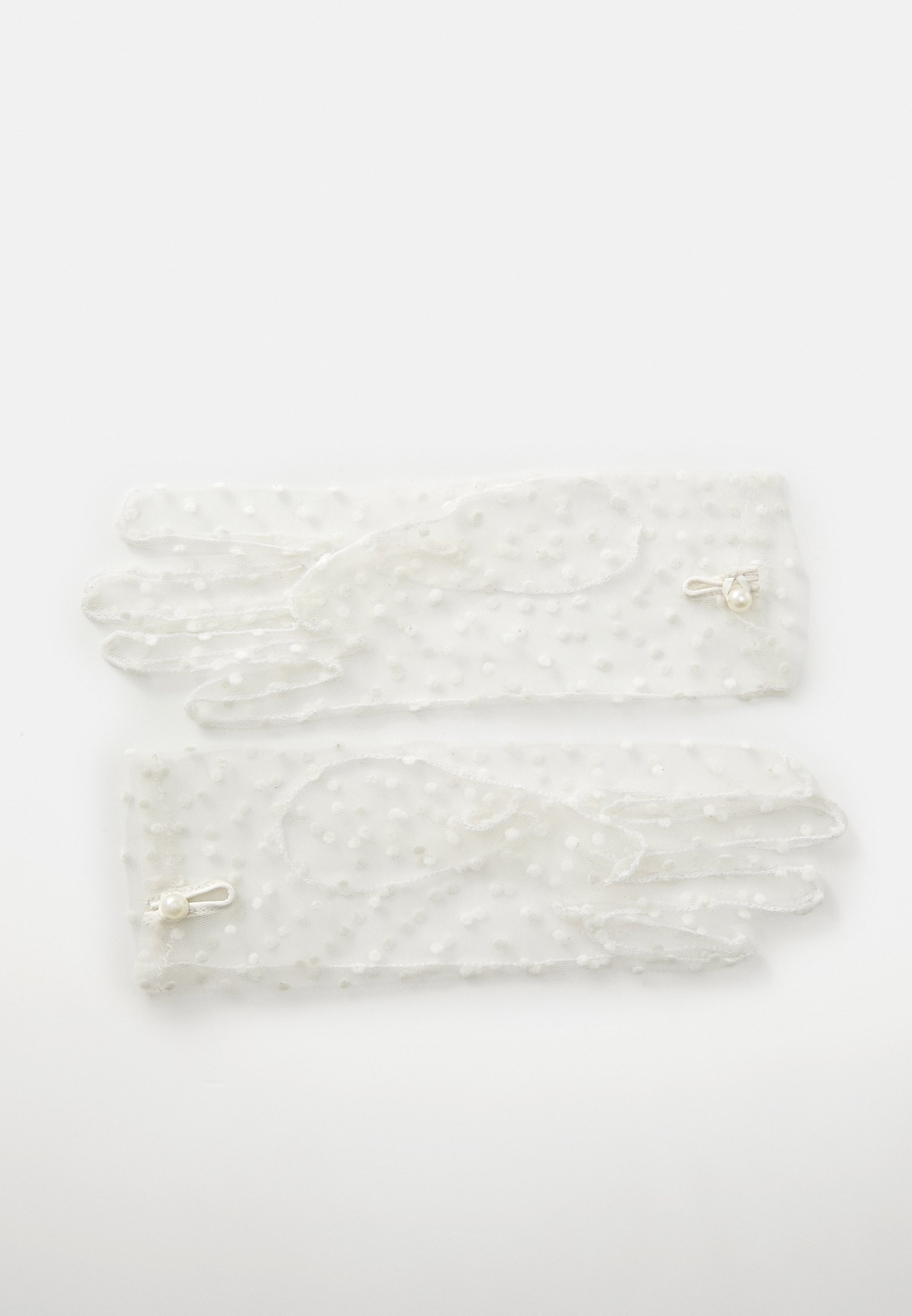 Hvite blondehansker med prikkete tekstur, med en delikat sløyfe og perledetalj på håndleddet. Mykt og gjennomsiktig materiale.