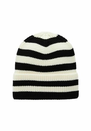 Gebreide beanie met afwisselend zwarte en witte strepen. Ribbelstructuur, ronde bovenkant en opgevouwen cuff aan de basis.