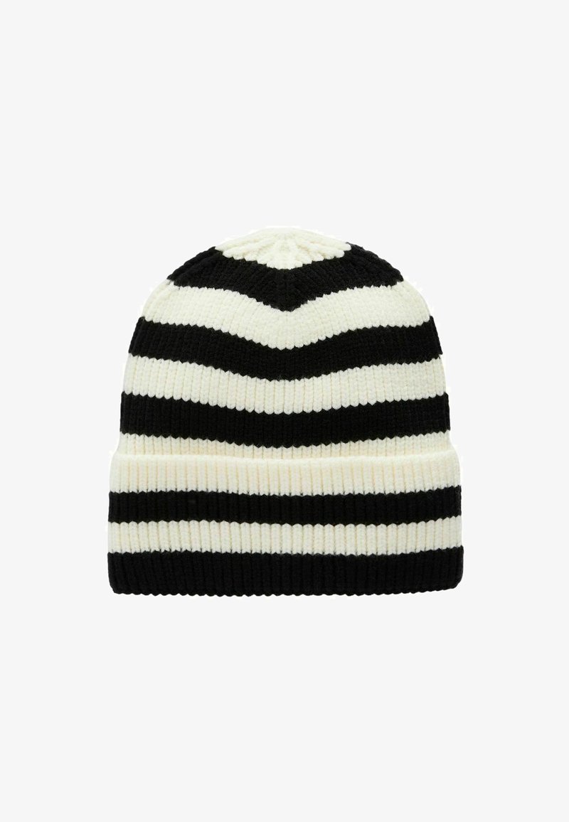 Strickmütze mit abwechselnden schwarzen und weißen Streifen. Gerippte Textur, runder Oberkopf und umgeschlagene Manschette am Saum.