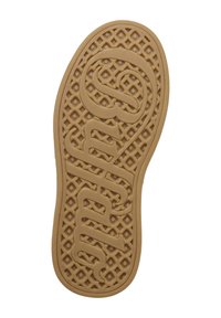 Semelle de chaussure en caoutchouc de couleur marron clair avec une surface à motifs. Présente un logo en relief et une texture antidérapante pour une meilleure adhérence.