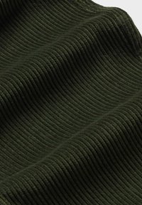 Tissu en velours côtelé vert foncé avec des côtes verticales distinctes et une texture douce, montré en gros plan avec des plis doux.