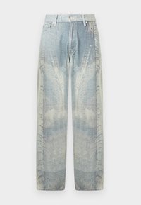 Lyseblå denimjeans med et teksturert trykk med bladmønstre, vide ben, fem lommer og knappelukking i livet.