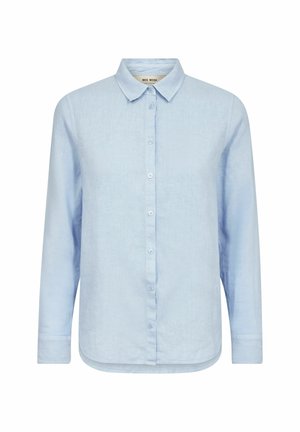 Light blue long-sleeve button-up shirt with collar, front buttons, and curved hem, made from a textured fabric.