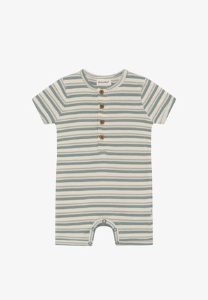 Gestreifter Baby-Strampler aus weicher Baumwolle, mit einem Mix aus grünen, beigen und weißen Streifen, Holzknöpfen und einem Druckknopfverschluss am unteren Ende.