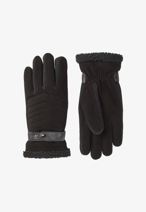 Zwarte handschoenen gemaakt van zacht stof met een gestructureerd ontwerp. Voorzien van een leren riem en schapenvacht aan de manchetten.