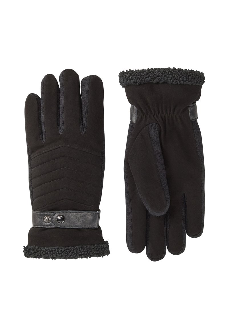 Guanti neri in tessuto morbido con un design testurizzato. Caratteristiche includono una cinghia in pelle e un bordo in pelliccia sintetica ai polsini.