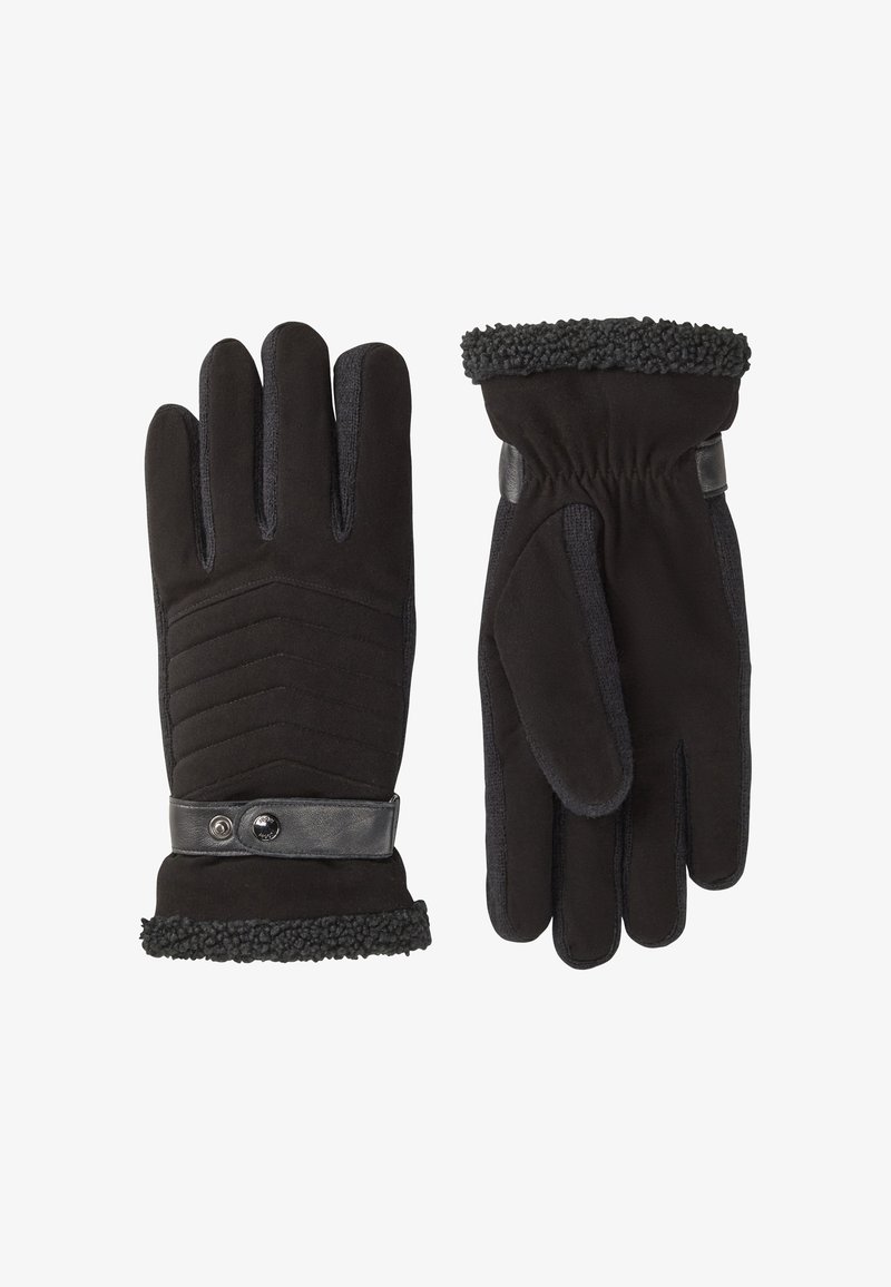 Guanti neri in tessuto morbido con un design testurizzato. Caratteristiche includono una cinghia in pelle e un bordo in pelliccia sintetica ai polsini.