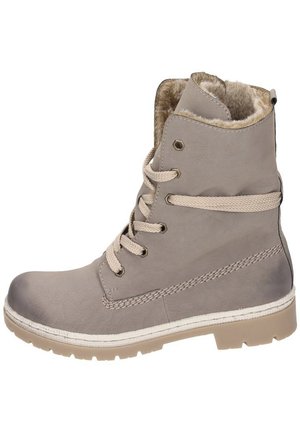 Botte d’hiver brun clair avec doublure en fourrure, col matelassé, devant lacé et semelle en caoutchouc texturée pour adhérence.