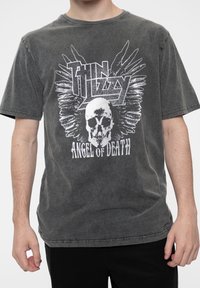Gray, short-sleeve t-shirt made of cotton. Features a skull graphic with wings and the text "Thin Lizzy Angel of Death" in white.