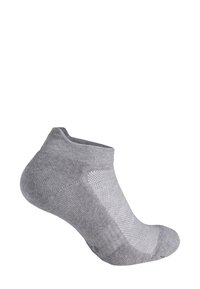 Graue Knöchelsocke mit Stricktextur, ausgestattet mit einer gepolsterten Ferse und einem Mesh-Einsatz für Atmungsaktivität. Leichtes, unsichtbares Design mit glatter Oberfläche.
