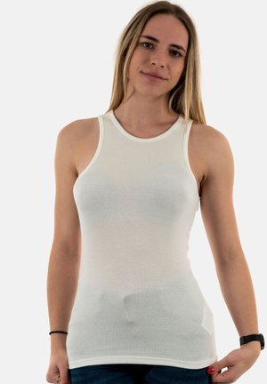 Débardeur blanc à côtes avec un col rond et des bretelles larges, fabriqué dans un tissu extensible, au design ajusté et à un subtil détail texturé.