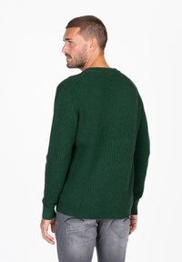 Grüner Strickpullover mit einem strukturierten Muster, langen Ärmeln und Rundhalsausschnitt. Der Stoff wirkt dick und gemütlich, ideal zum Schichten.
