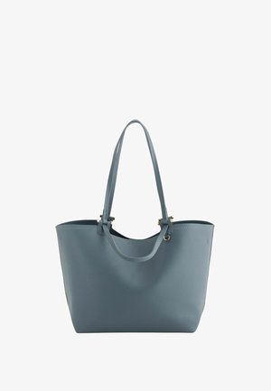Blue leather tote bag with two long handles and a wide open top, featuring gold-tone hardware accents.