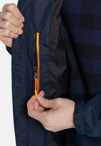 Mani che afferrano e tirano la cerniera arancione della tasca interna di una giacca blu navy, indossata sopra una camicia a quadri blu e nera.