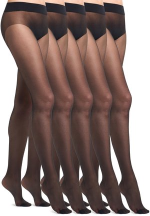 Durchsichtige schwarze Strumpfhosen mit glatter Textur, ausgestattet mit einem breiten blickdichten Bund und einem transparenten Fußdesign, präsentiert in einer Reihe von fünf Paaren.