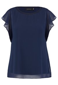 Blusa azul marino hecha de una tela ligera y transparente; presenta mangas con vuelo, un escote redondo y un corte relajado con aberturas laterales.