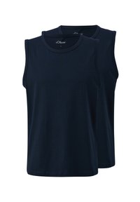 Marineblaue Baumwoll-Tanktops mit runder Halslinie und ohne Ärmel, ausgestattet mit einer glatten Textur und geradem Saum. Zwei Stücke ausgestellt.