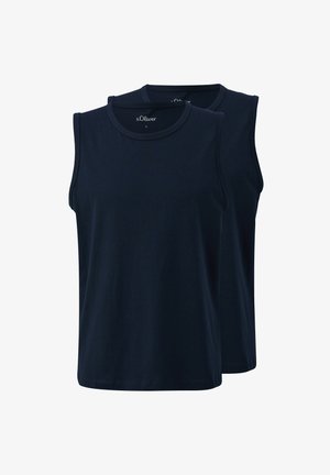Navyblauwe katoenen tanktops met een ronde halslijn en zonder mouwen, met een gladde textuur en een rechte zoom. Twee stuks tentoongesteld.
