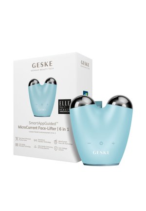 Appareil Blue Geske MicroCurrent Face-Lifter avec deux sphères argentées à côté de sa boîte produit blanche présentant le logo de la marque et des icônes technologiques.
