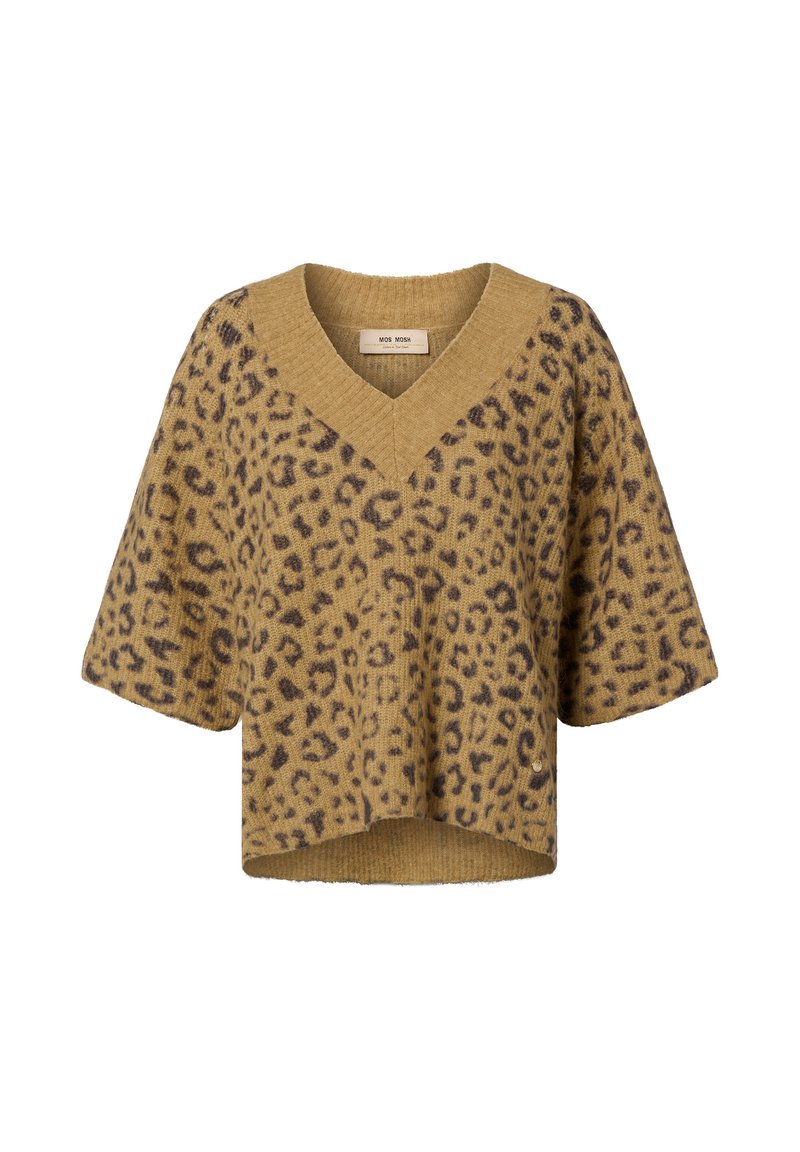 Beige korte mouw trui met V-hals, met een luipaardprint in donkerbruin. Geribbelde textuur, losse pasvorm en een licht cropped lengte.