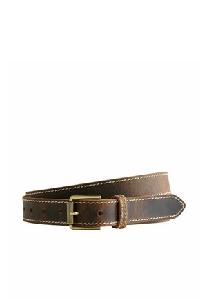 Ceinture en cuir marron avec une finition texturée, boucle en métal doré, surpiqûres blanches contrastantes et une extrémité effilée avec plusieurs trous d'ajustement.