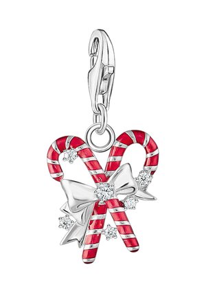Ciondolo a bastoncino di zucchero a righe rosse e bianche con fiocco d'argento e dettagli scintillanti, dotato di moschettone per aggancio.