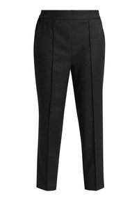 Mörkgrå skräddarsydda byxor med rak klippning, som har sidofickor och framfickor. Tillverkade av textil med en slät yta.