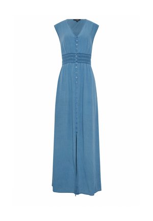 Ærmeløs blå maxikjole med V-hals, knaplukning foran og indsveddet taljedetalje, der fortsætter til kanten.
