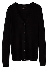 Cardigan noir côtelé avec col en V, manches longues et fermeture à boutons sur le devant. Fabriqué en tissu doux, il comporte six boutons au centre.