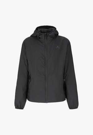 Sort letvægts hættejakke med lynlås foran og lynlåslommer i siden, elastiske ærmekanter og diskret logo på venstre bryst.