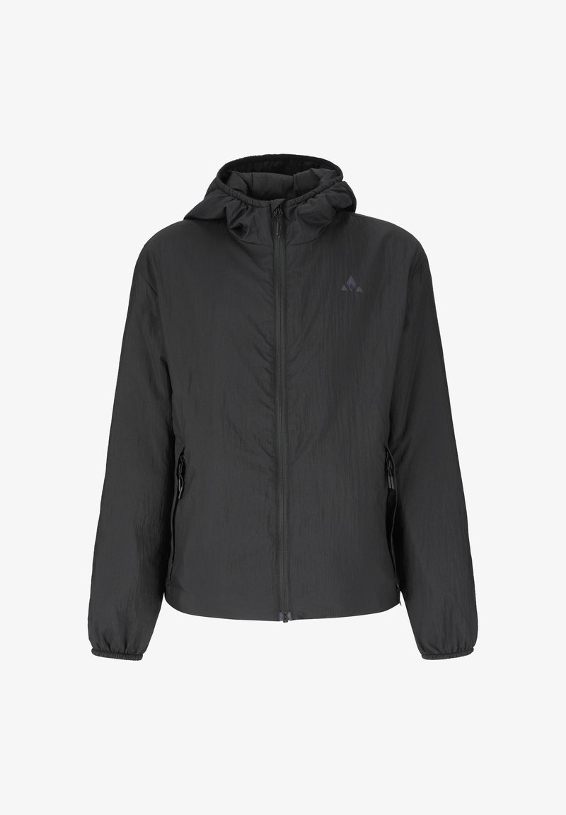 Sort letvægts hættejakke med lynlås foran og lynlåslommer i siden, elastiske ærmekanter og diskret logo på venstre bryst.