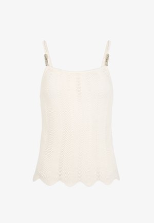 Biały dziergany top bez rękawów z cienkimi ramiączkami ozdobionymi metalowymi detalami oraz falowanym dołem.