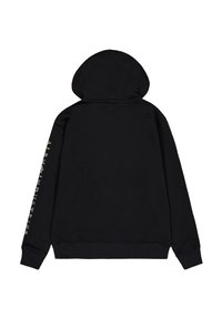 Sudadera negra con bolsillo canguro, puños y dobladillo acanalados. "Industries" impreso en gran tamaño en la manga izquierda. Material de mezcla de algodón.