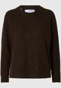 Dunkelbrauner, weicher Strickpullover mit Rundhalsausschnitt, überschnittenen Schultern und langen Ärmeln. Die Textur ist flauschig und leicht fuzzy.