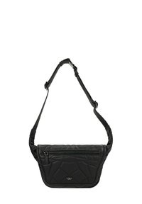 Borsa a tracolla nera trapuntata con tracolla regolabile, tasca frontale con zip e texture in pelle liscia. Presenta un dettagli logo sul davanti.