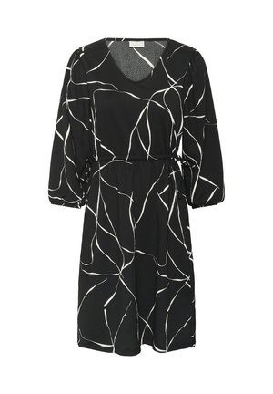 Schwarzes Kleid mit weißen abstrakten Linien, V-Ausschnitt, Dreiviertelärmel, elastischem Bund und strukturiertem Stoff. Lässiges, knielanges Design.