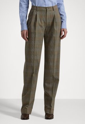 Pantalons à carreaux dans des tons d'olive vert et gris avec des accents orange. Présentent une taille haute, des plis et des jambes droites. Confectionnés dans un tissu texturé.