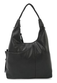 Zwarte lederen handtas met een gestructureerd oppervlak, hobo-vorm, flexibele handgreep en een ritsvak aan de zijkant voor opslag.