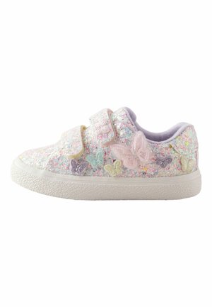 Children’s white sneaker with multicolored glitter, embroidered pastel butterfly patches, and two velcro straps for closure.
