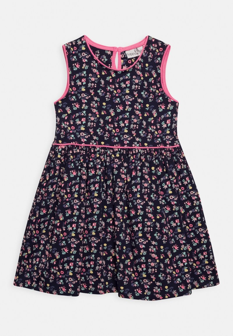 Květinové šaty s námořnickým pozadím, růžovým lemováním, bez rukávů, nařasenou sukni a klíčovou dírkou na zadní straně.