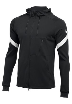 Czarna kurtka z kapturem na pełny zamek, z białym paskiem na każdym rękawie, kieszenią na piersi zapinaną na zamek oraz logo Nike na lewym górnym ramieniu.