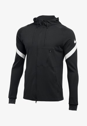 Czarna kurtka z kapturem na pełny zamek, z białym paskiem na każdym rękawie, kieszenią na piersi zapinaną na zamek oraz logo Nike na lewym górnym ramieniu.