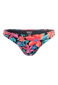Ziedu bikini apakšdaļa ar spilgti rozā, oranžām un zilām ziedu motīviem uz melna fona. Izgatavota no viegla elastīga materiāla ar bezšuvju dizainu.