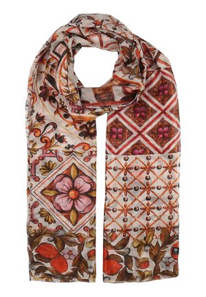 Long rectangular scarf with floral and geometric patterns in shades of pink, orange, brown, and beige on a light background.
