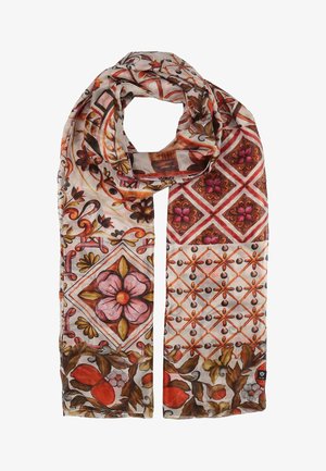 Lang rektangulært tørklæde med blomster- og geometriske mønstre i nuancer af pink, orange, brun og beige på en lys baggrund.