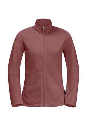 Fleece jacket in dusty rose color. Features a zip front, high collar, and logo on the chest. Soft texture, long sleeves, and flat seams.